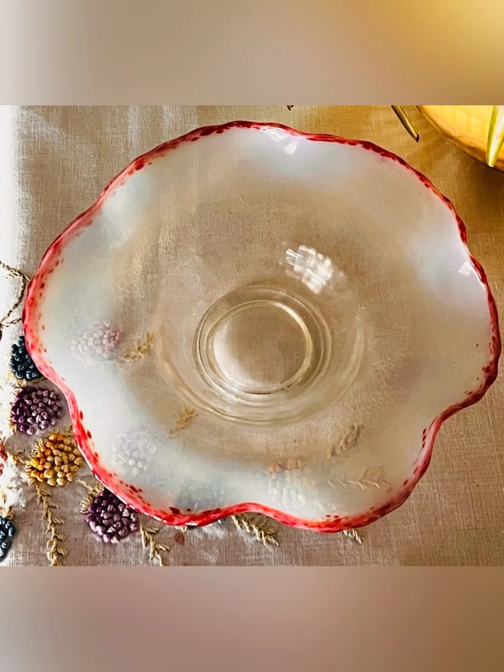 Pair Antique Cranberry Frit Moonstone Paneled Bowl Jefferson Glass Fancy Fantail